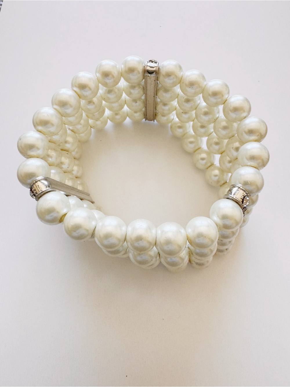 Multi-Row White Pearl Stretch Bracelet with Silver Accents